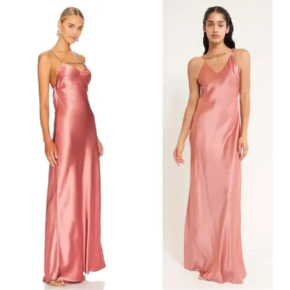 CULT GAIA Kirya Jaipur Gold Chain Halter Neck Pink Satin Maxi Gown Size Small - Picture 2 of 10